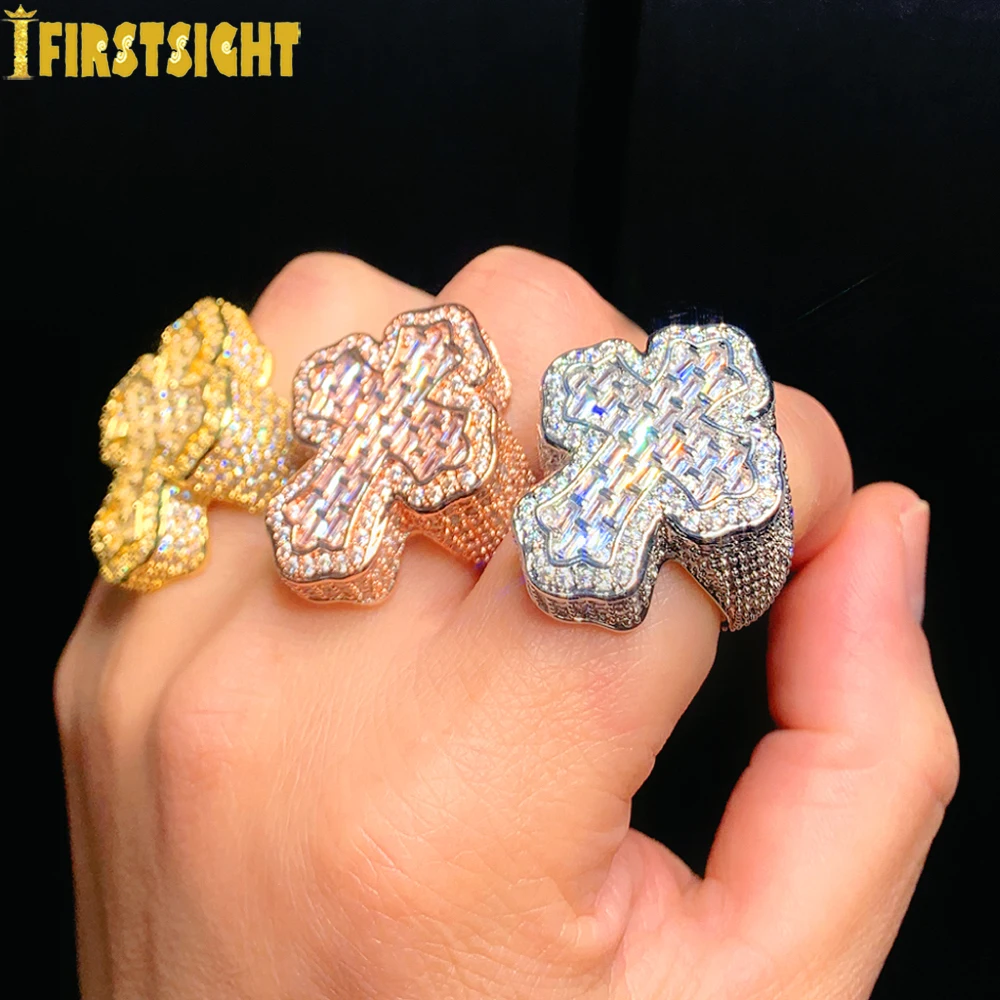 Iced Out Bling Cross Finger Ring Silver Color Cubic Zirconia Prong Setting CZ Stone Luxulry Men Women Hip Hop Fashion Jewelry 4