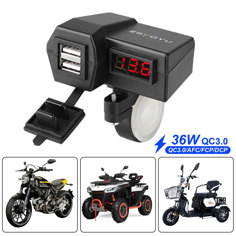 

Dual Ports With Voltmeter Waterproof Cover Splitter 12-24V 5V 3.6A Quick Charge 3.0 Motorcycle USB Chargers With 25A Fuse