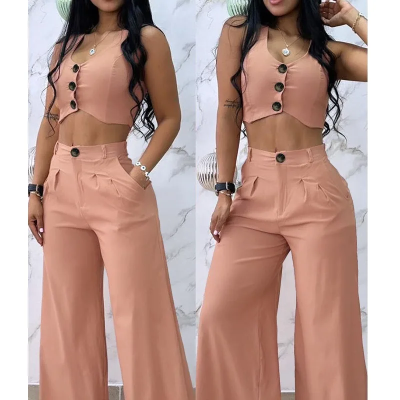 

2024 Spring Summer New Women's Solid Color Short Single-Breasted Vest Casual Wide-Leg Pants Two-Piece Set