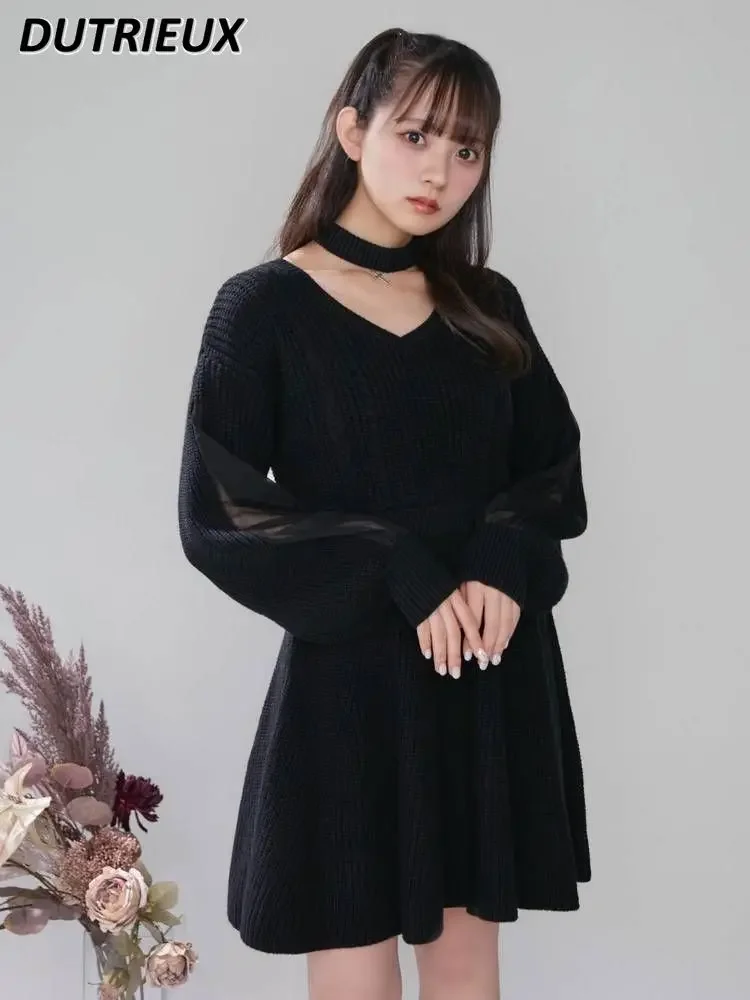 

Japanese-Style Retro Lady Slim Long Sleeve Sweater Dress Removable Neck Band Cross Patchwork Ruffled Mid-Length Knitted Dresses