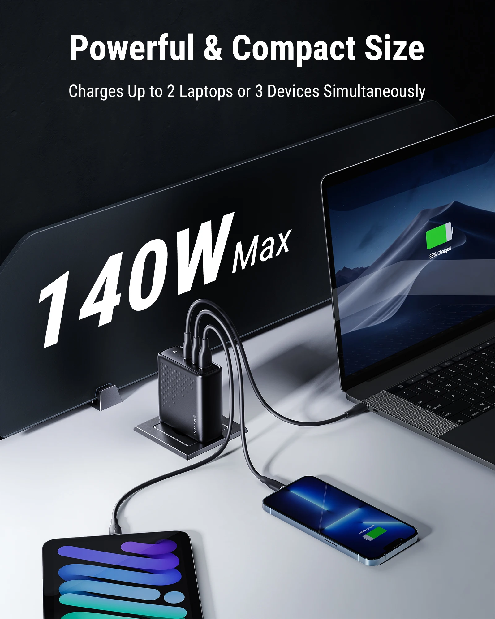 VOLTME GaN 충전기, 140W USB C타입, PD3.1 고속 충전, 맥북 프로 16 인치, 아이폰 15 프로 맥스용 5.0 휴대폰 충전기