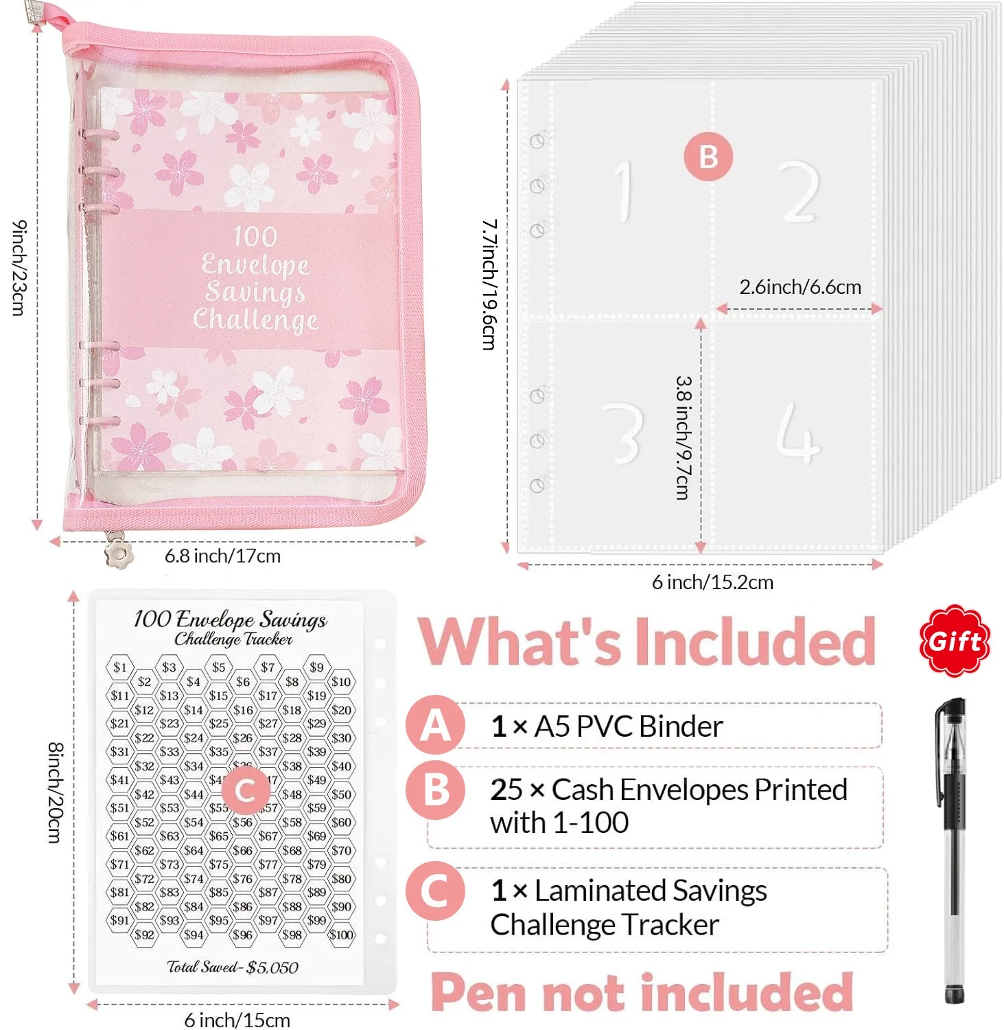 100 봉투 저축 챌린지 A5 바인더, 100 봉투 저축 챌린지 저널, PVC 예산바..