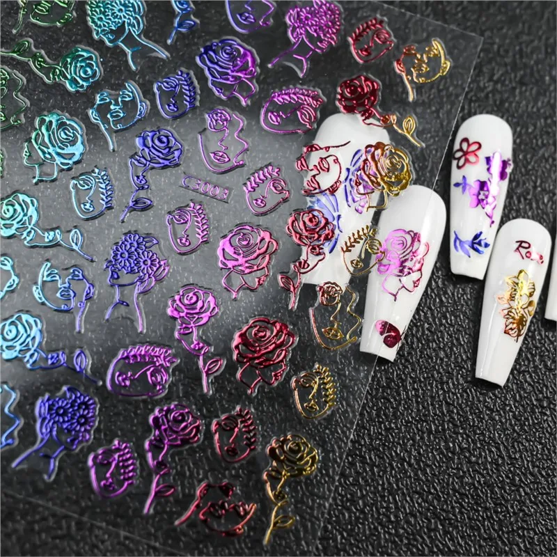 야광 나비 꽃 네일 스티커 세트, 핫 스탬핑 레이저 네일, 3D 데칼, 자체 접착 매니큐어 슬라이더, NKS1, 6 개