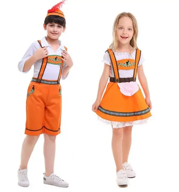 Bambini Boy Girls Orange Lederhosen Oktoberfest Costume Tedesco Bavarese Fantasia Party Uniform Kid Beer Cameriere Costumi Da Cameriera
