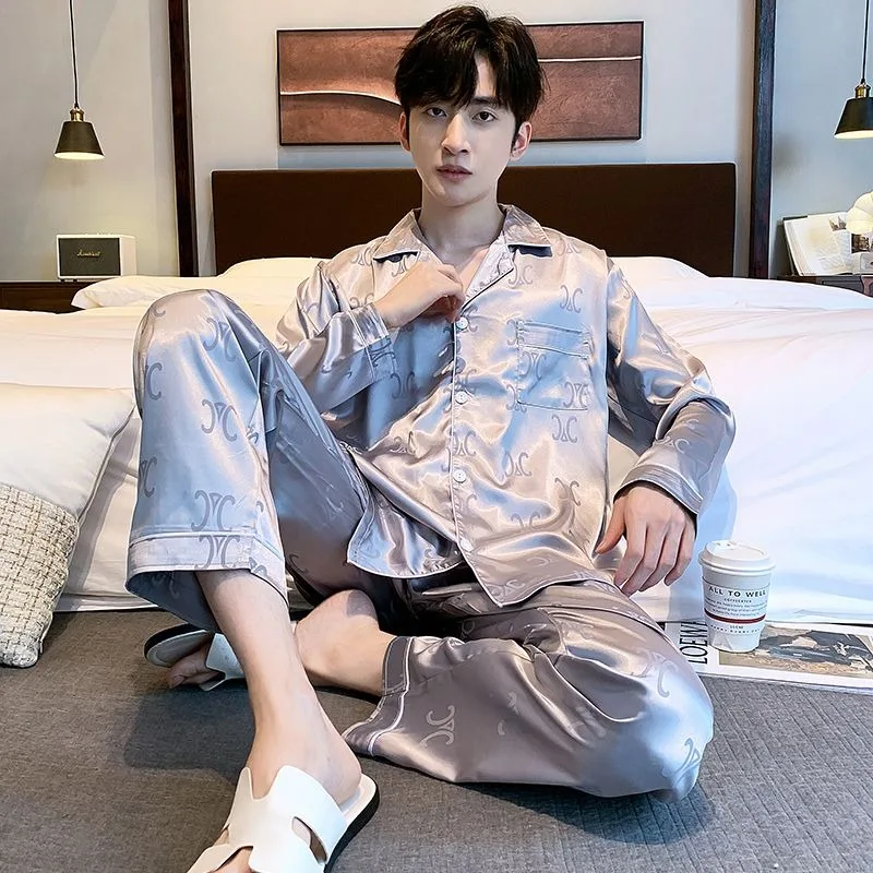 Spring Autumn Men Pajamas Long-Sleeved Trousers Lapel Cardigan Jacquard Ice Silk Male Homewear Large Size Leisure Sleepwear Suit
