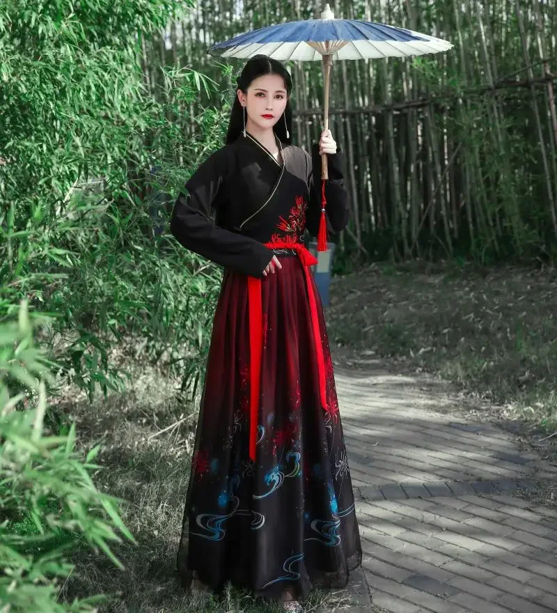 

Chinese Dress Ancient Hanfu Kimono Black White Red hanfu Dresses Embroidery Martial Arts Chinese Style Dance Cosplay Costumes