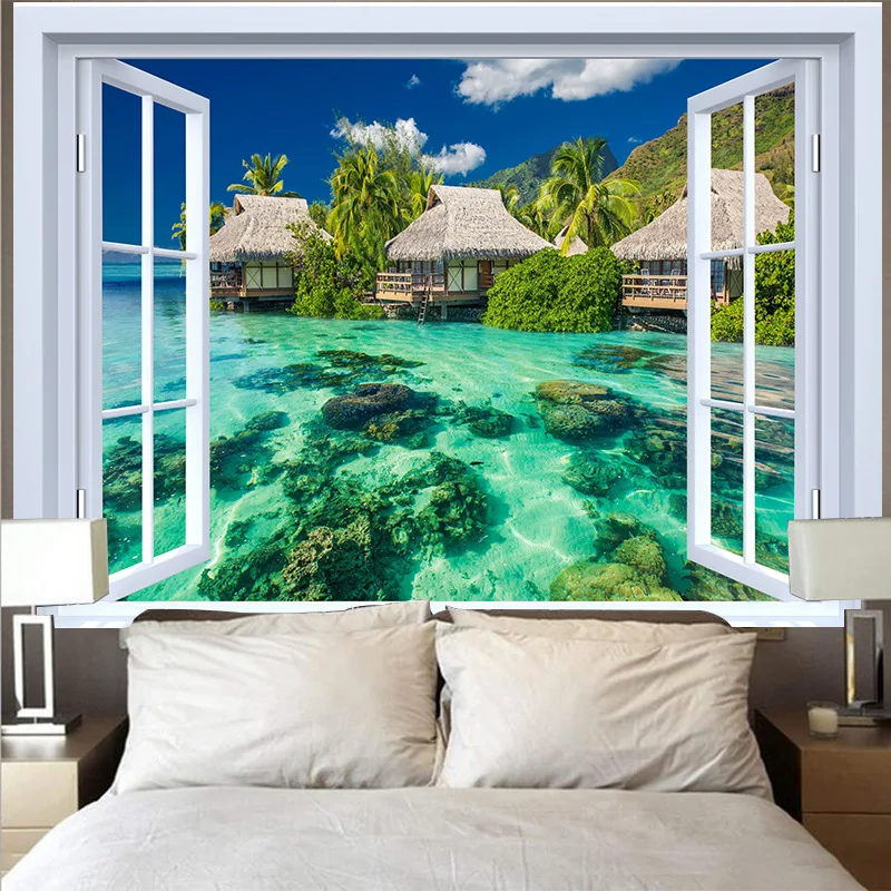 

Tropic Island Tapestry Window Outside Mountain Cottage Coconut Tree Sea View Tapestries Wall Hanging Bedroom Living Room Decor