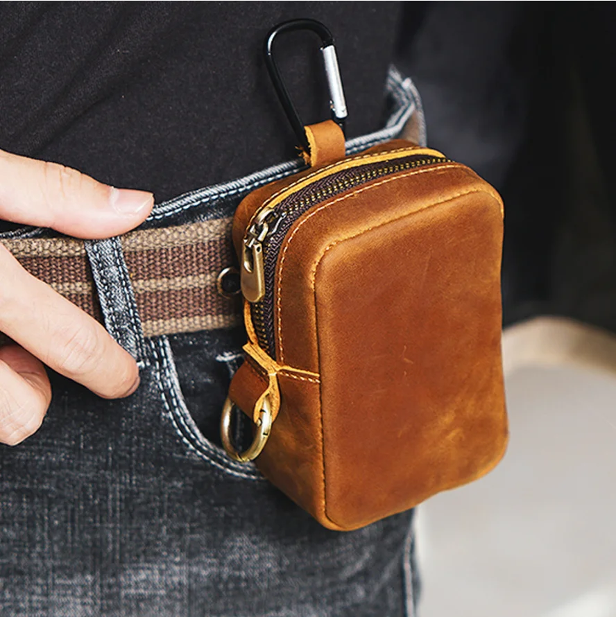 Cowhide Leather Waist Bag Crazy Horse Leather Belt Pouch Bags Card Holder Key Wallets Zipper Purse Coin Pocket Card Holder