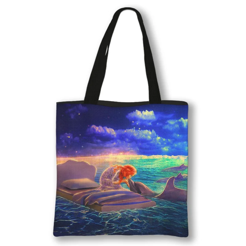 Dolphin Print Ladies Handbags Girl Canvas Tote Bag Shopping Travel Women Eco Reusable Shoulder Shopper Bags High Capacity wristlet keychain Totes