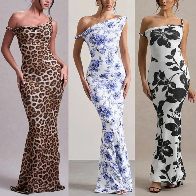 Fashion New Strappy Sexy Halter Dress Irregular Collar Suspender Slim Women's Medium and Long Printed Evening Dress