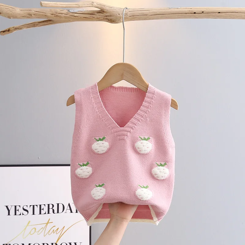 Kids vest Sleeveless Sweater for Girls Spring Fall V-neck Children Knitwear Baby Girl Knit Vest Cartoon Strawberry Kids Waistcoats GY03083