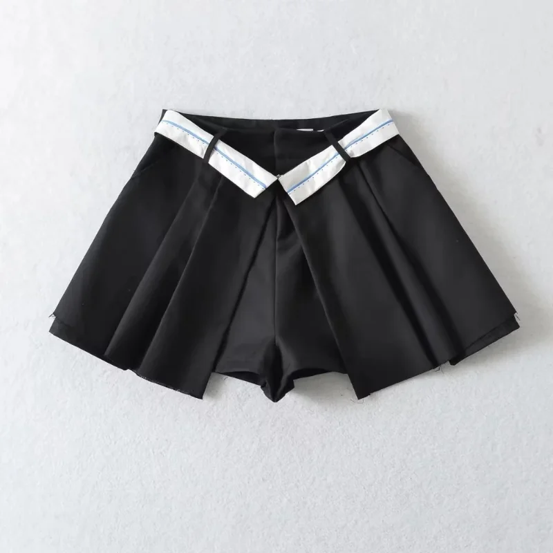 Summer Pleated Shorts Skirts Women Fake Two Piece Sexy Culottes Clothing Irregular Turn Over Waist Hot Girls Anti Exposure Pants