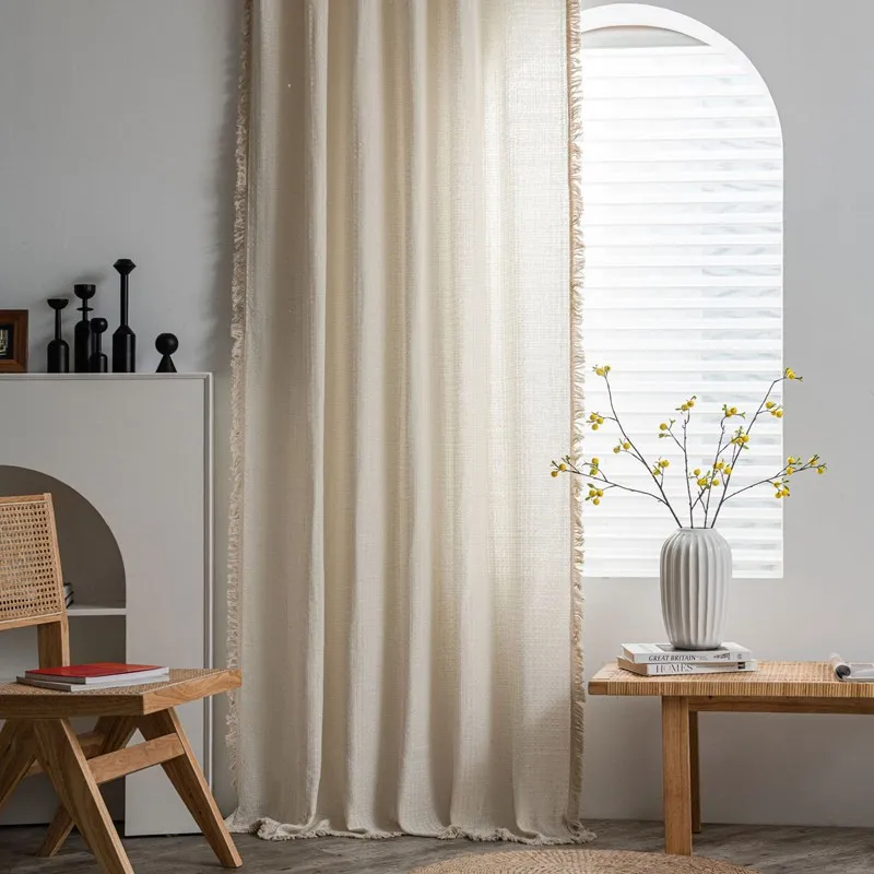 American Solid Color Waffle Curtain with Tassel Window Curtain Semi-shading Drapes for Living Room Bedroom Kitchen Door Drapes 3