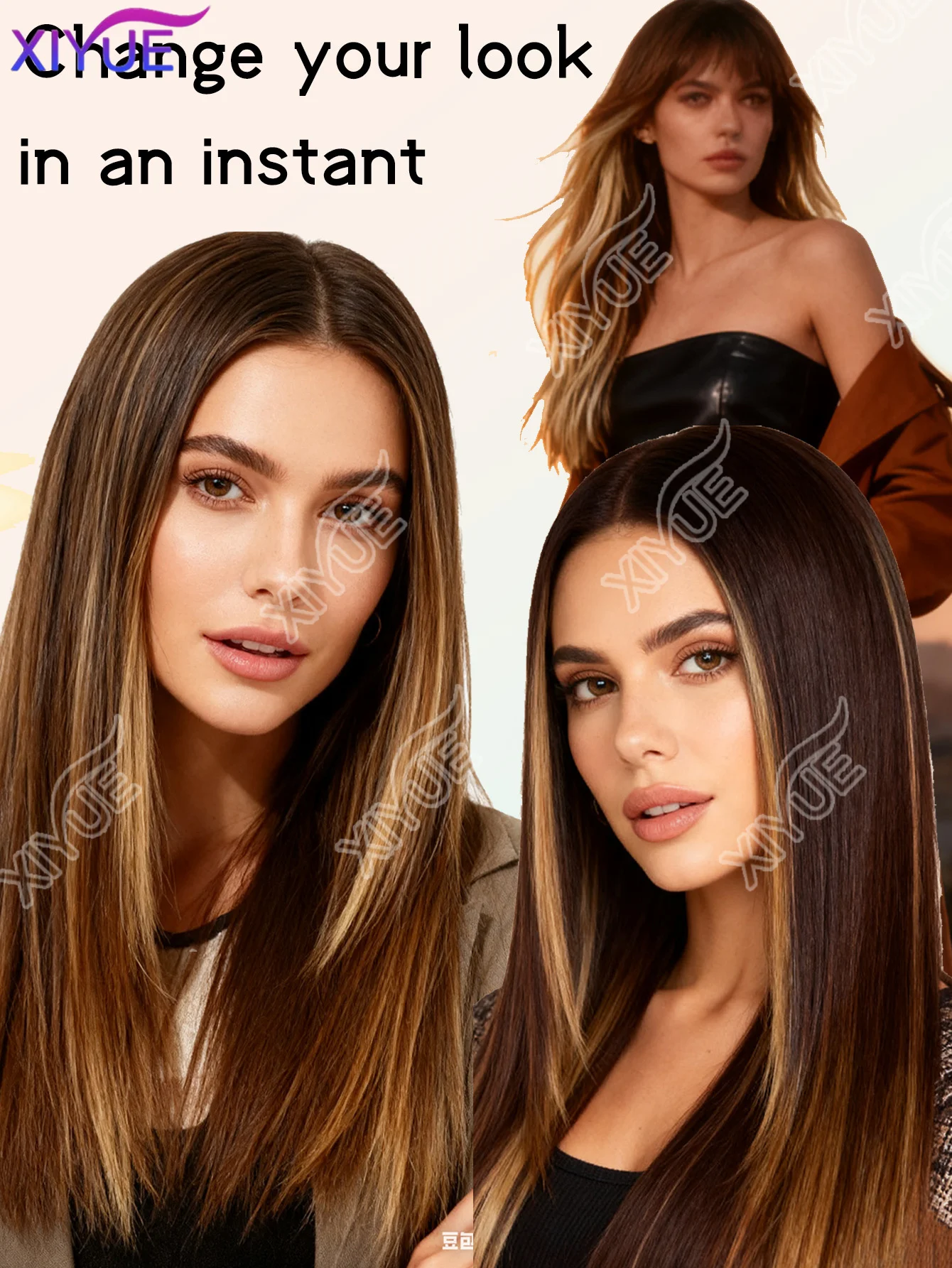 XIYUE 14Inch Synthetic 4pcs/set Short Straight Clip-In Hair Extensions Black Blonde Hairpiece Easy to Wear for Women