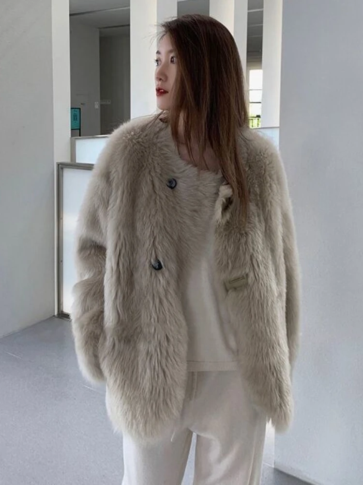 2023 Autum Winter Faux Fur Coat Women Fluffy Elegant Hairy Designer Warm Clothing Mid Female Korean Round Neck Casual Button Up