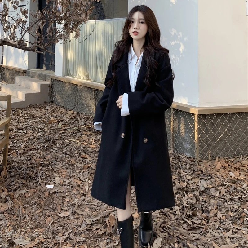 Thickened Blends Coats Women Mid-length Solid Color Long Sleeve Double Breasted Office Lady Versatile Daily Outerwear Female