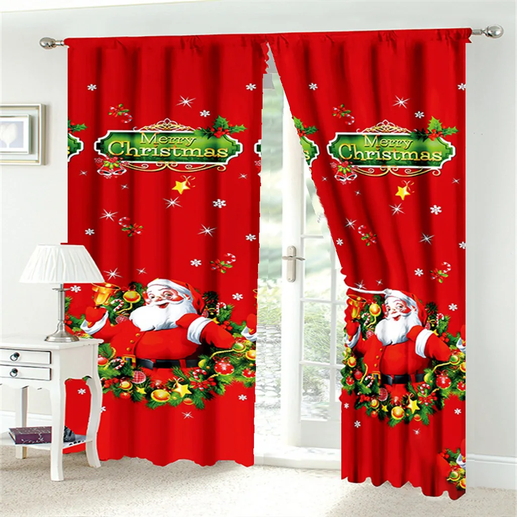 

3D Cartoon Happy New Year Christmas Red Green Window Curtains For Kids Bedroom Living Room Bathroom Kicthen Door Hall Home Decor