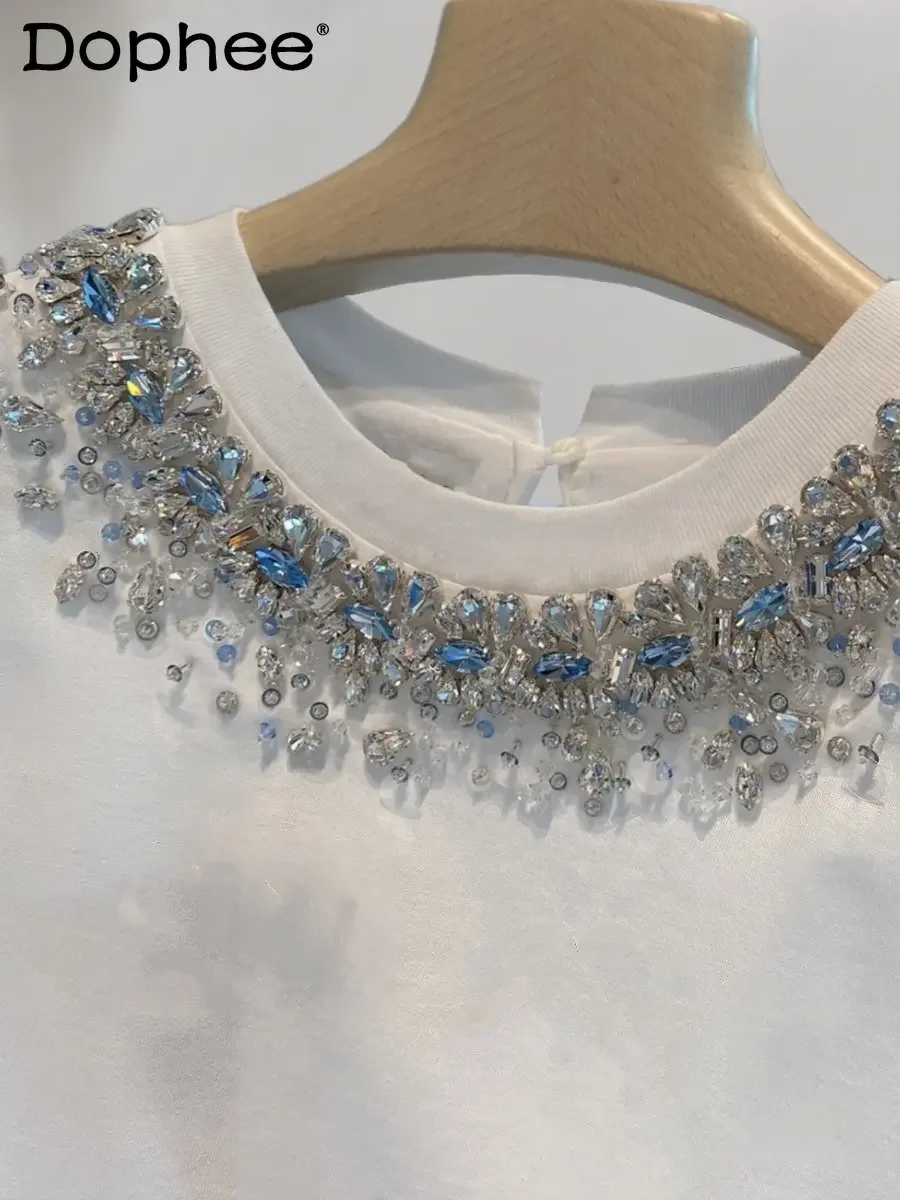 

2023 Summer New Short-Sleeved T-shirt Women Beads Rhinestones Beaded Cotton Tees Top Heavy Industry Princess White T Shirt Femme