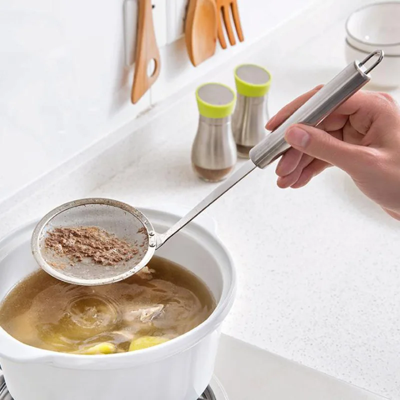 Stainless Steel Fine-Mesh Skimmer with Hanging Hole Extended Handle Multi-purpose Soup Oil Filter Kitchen Kitchen Novel Tools