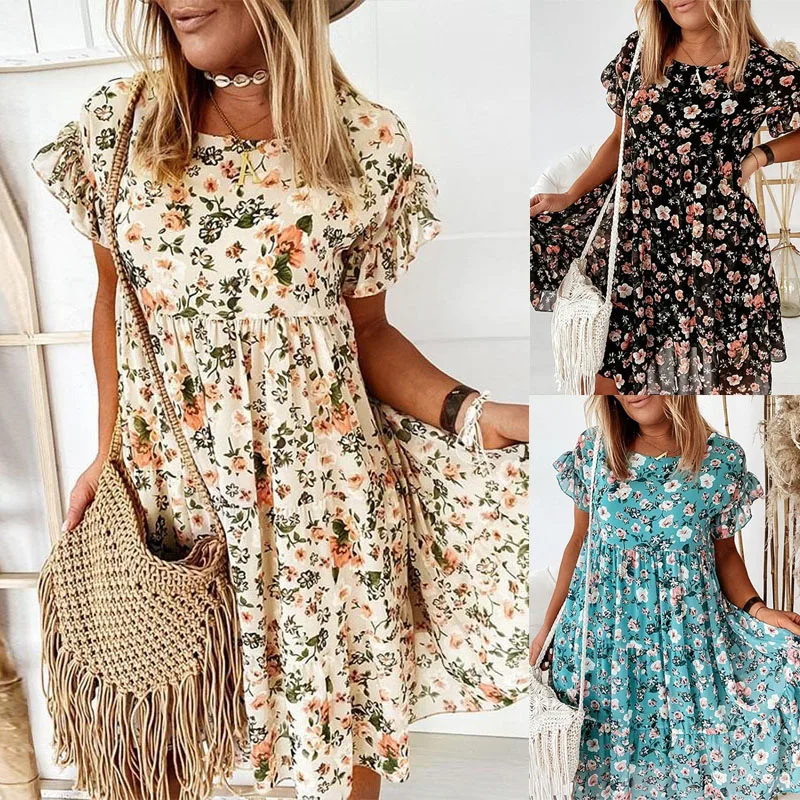 Casual Women's Dress Summer Floral Print Ruffle Sleeve Dresses Elegant O Neck Loose A-line Beach Mini Dresss Female Vestidos |