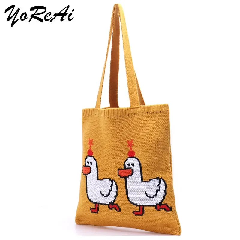 YoReAi Women Knitting Shoulder Bags Cute Duck Ladies Cartoons Handbag Casual Tote Literary BookBag Wool Shopping Bag For Girls