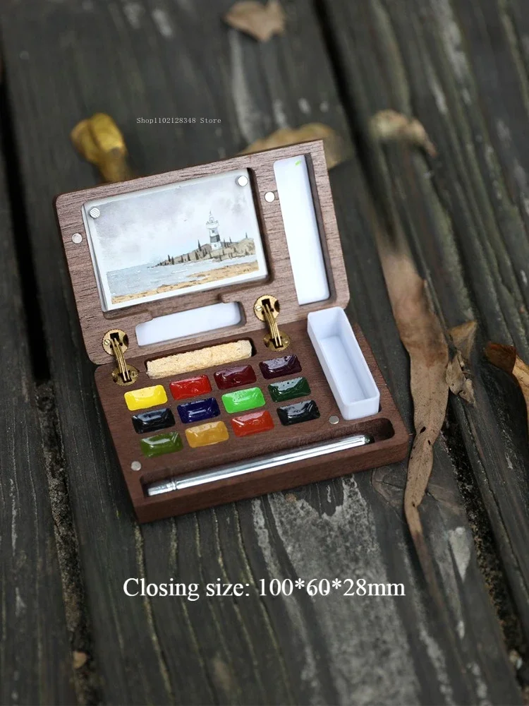 Mini Watercolor Pigment Box Solid Wood 12 Lattice Portable Freehand Sketching Travel Colour Mixing Doodle Art Painting Tool