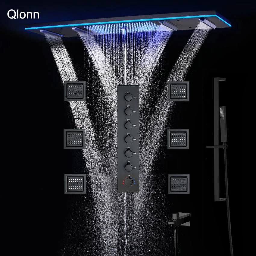 Qlonn 47*12 นิ้วขนาดใหญ่ LED เพลงหัวฝักบัวสายฝนห้องน้ําระบบชุดโรงแรมหรูหราสมาร์ท Thermostatic ฝักบัวก๊อกน้ํา 1