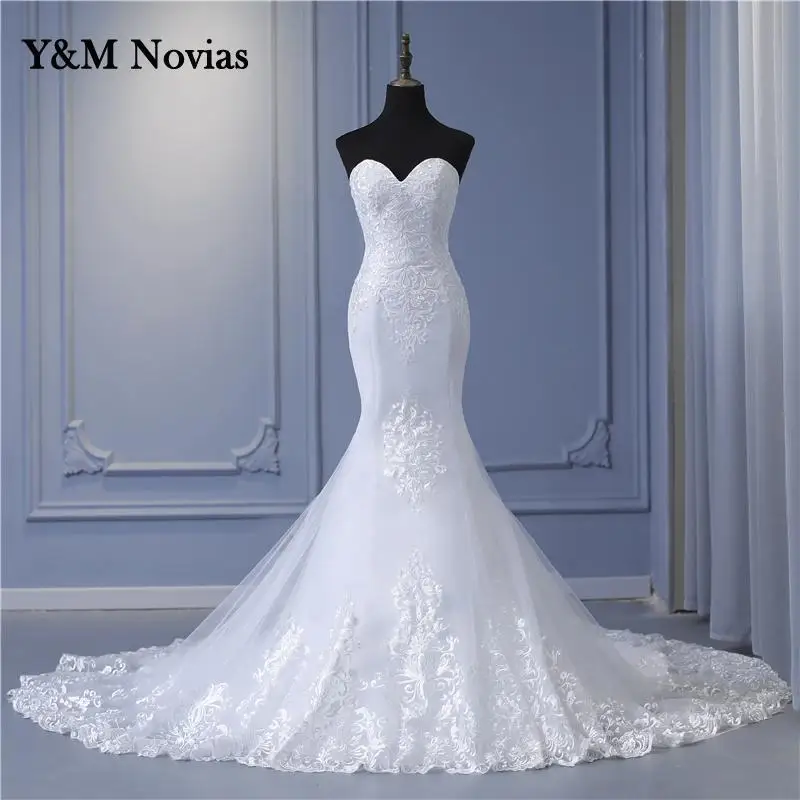 Y&M New Arabic Aso Ebi Vintage Lace Beaded Sequined Wedding Dresses Strapless Mermaid Bridal Dress Sexy Customized Wedding Gowns 3