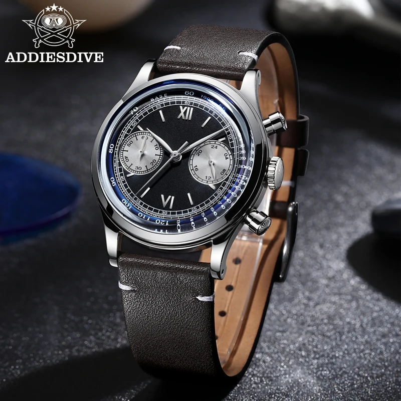 ADDIESDIVE Mens Watch 100m Waterproof  Multifunctional Leather Belt Chrono Chronograph VK64 Quartz Watches Reloj Hombre hamilton jazzmaster chrono автоматические h32586641 100m мужские часы