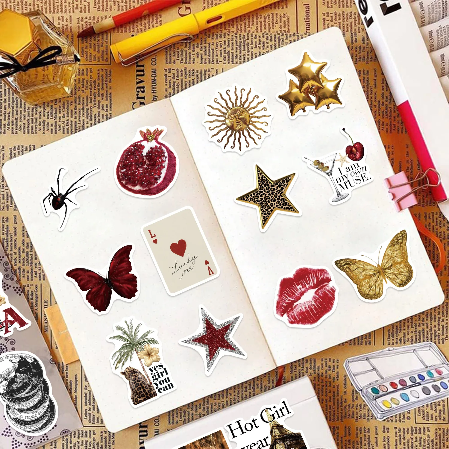 10/30/50pcs 금색 & 빨간색 낙서 스티커 가방 스케이트 보드 노트북 수하물 전화 자동차 스타일링 데칼 Pegatina