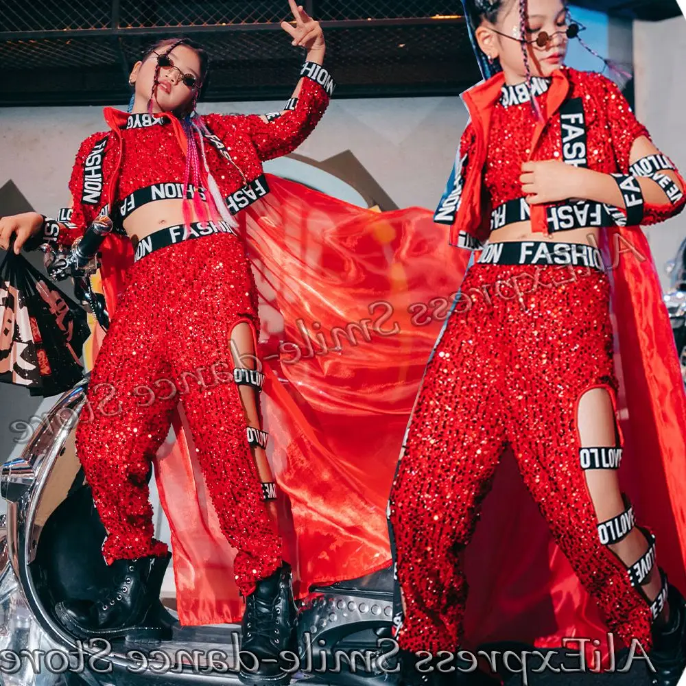 

T-Stage Dress Mesh Suits Top Costume Children Break Dancing Pants Performance Fashion Kids Girls Jazz Dance Stage Sequin Hip Hop