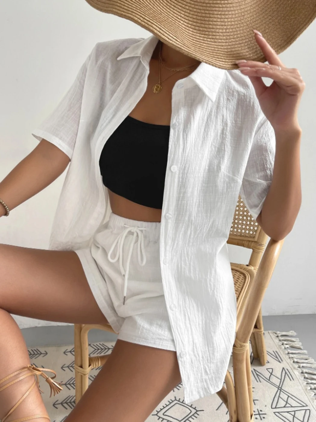 Women Elastic Waist Drawstring Shorts Set Summer Simple Solid