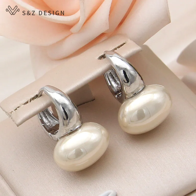 S&Z DESIGN New Fashion Vintage Oval Simulated-pearl Dangle Earrings For Women Wedding Party 585 Rose Gold Color Jewelry Gift