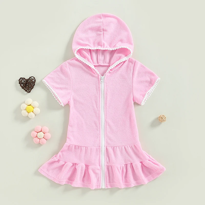 Toddler Girls Swim Cover Up Hooded Zip-Up Terry Swimsuit Coverup Dress Kids Beach Robe Towel Bathrobe Pool