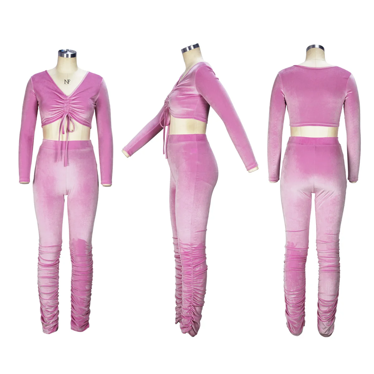 Autumn Clothes Women Sexy Suit Pleated Crop Top Shirt & Stacking Pencil Pants Two-Piece Set Ladies Fashion Casual Slim Set