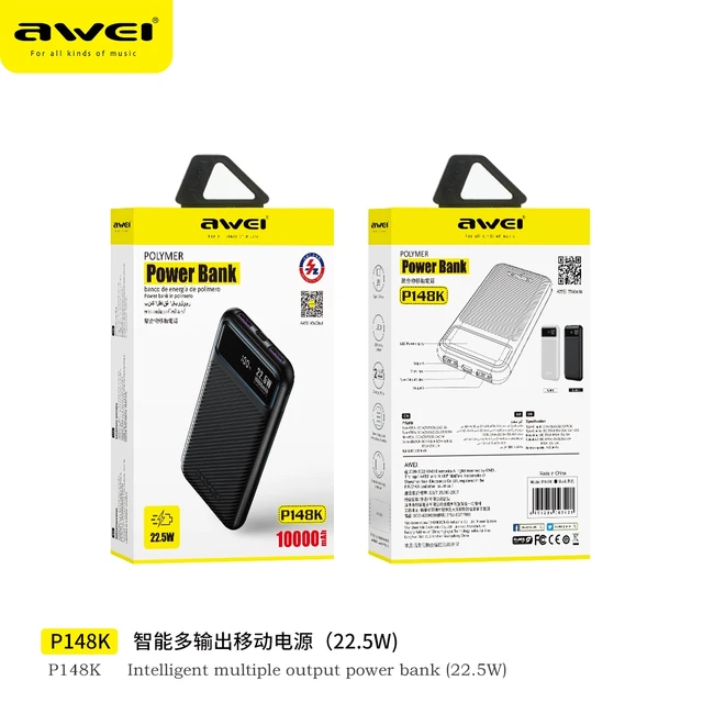 Awei P148K 휴대용 보조배터리는 10000mAh의 용량을 가지며 고출력 PD 22.5W를 지원하며 다수 출구를 통해 고속으로 충전할 수 있는 외장 보조배터리입니다.