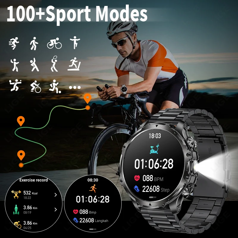 LIGE Men Outdoors Sports Smart Watch AK75 Flashlight 700mah Large Battery Bluetooth Calling LED Light Fitness Tracker Smartwatch