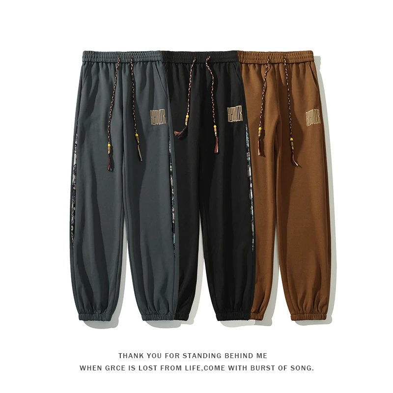 Waffle Casual Sweatpants For Men Harajuku Style Side Stripe Floral Patterns New Large Size Male Pants Embroidery Icons Trousers
