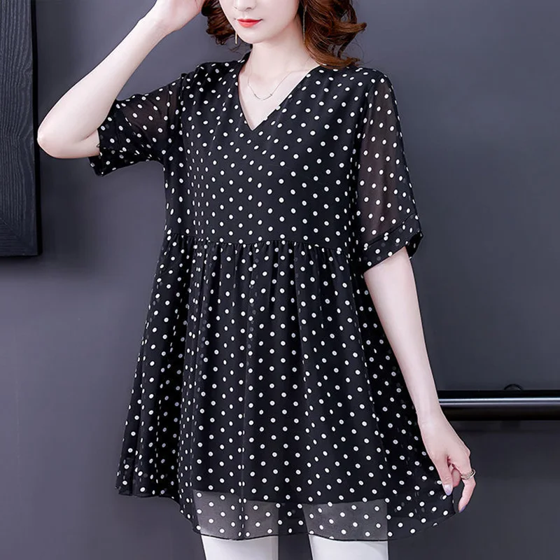 

Elegant V-Neck Spliced Loose Folds Polka Dot Blouse Women's Clothing 2023 Summer New Casual Pullovers Office Lady Chiffon Shirt