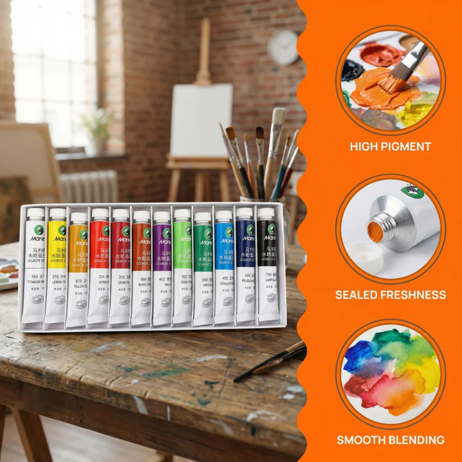 Maries Gouachefarbe-Set, 24 Farben, verpackt, Studentenkunst, 12 Farben, Gouachefarbe, Anfängerfarbe, 12 ml – Detail 2