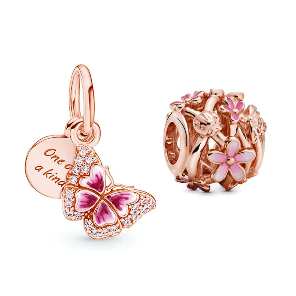 

Elegant Butterfly Double Dangle Charm fit Pandora Original Bracelet DIY Women Jewelry Gift Rose Gold Color Pink Daisy Beads