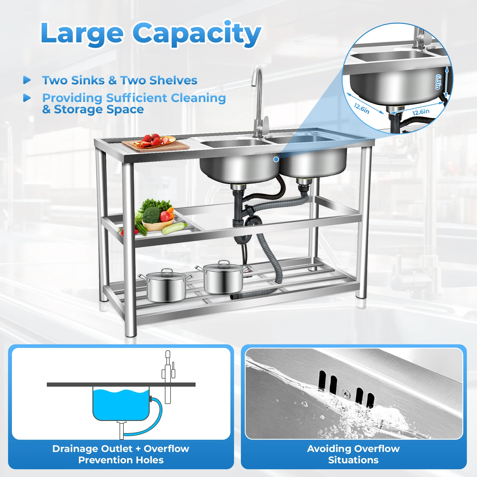 47.24x 17.72inch Stainless Steel Sink with Shelf Freestanding Commercial Restaurant Kitchen Sink Double Bowl with Tap&Drainboard 3
