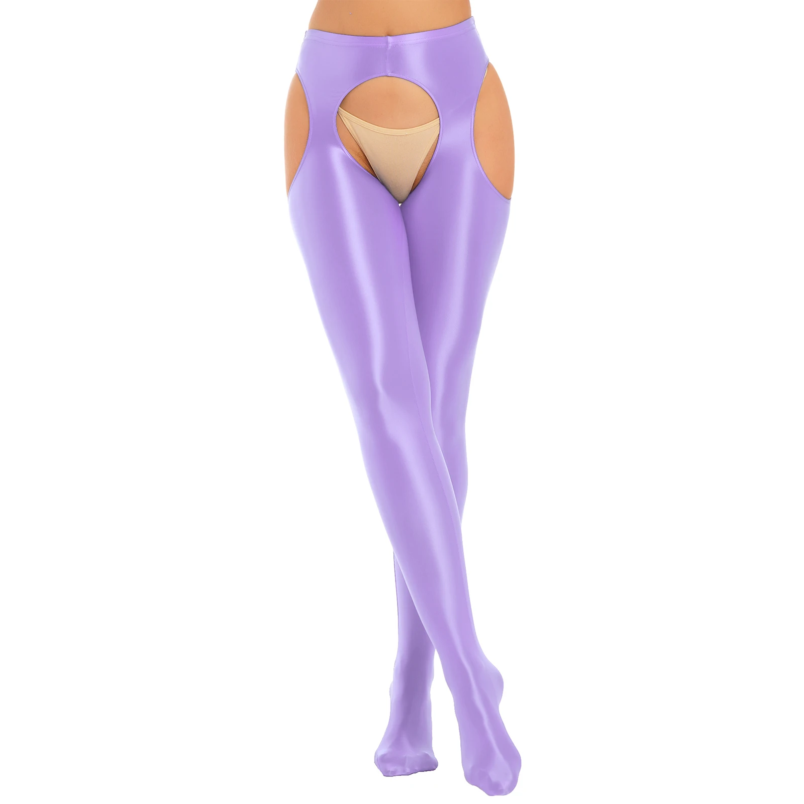 Women Leggings Oil Silk Opaque Tights Pantyhose Crotchless Hollow Out Butt Thigh High Stockings Pants