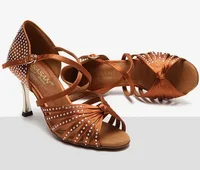 Ballroom Tango Latin Dance Shoes 8.5cm Square Gold Heels Sandals Dancing for Women Ladies Satin Upper Rhinestones 1