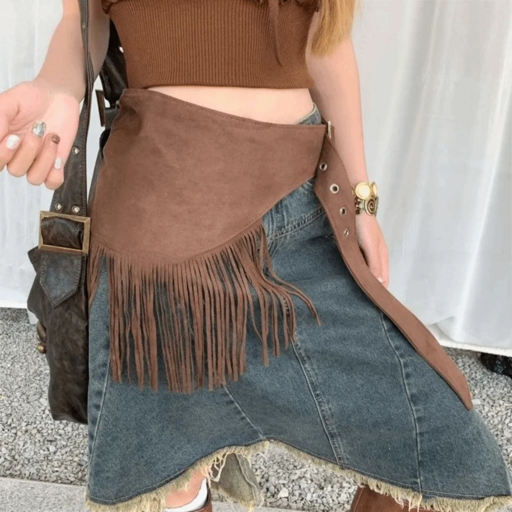 Eleganter einfarbiger Quasten-Taillengürtel im Cowboy-Stil, koreanischer Stil, Miniröcke, Y2K, hohe Taille, Dreieck-Butt-Curtain, Streetwear – Detail 10