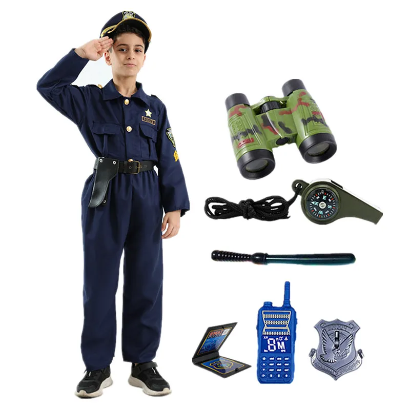 Cute Boy US Police Costume Realistic Embroidery Button Police Officer Uniform with Toy Accessory Set Halloween Dress Up Costume kids cosplay costume