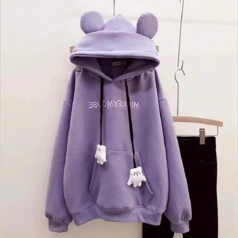 Women Solid Color Casual Loose Winter Hoodies Tops 2023 Animal Ear Street Style Sweatshirt Female College Plush Pullover Autumn