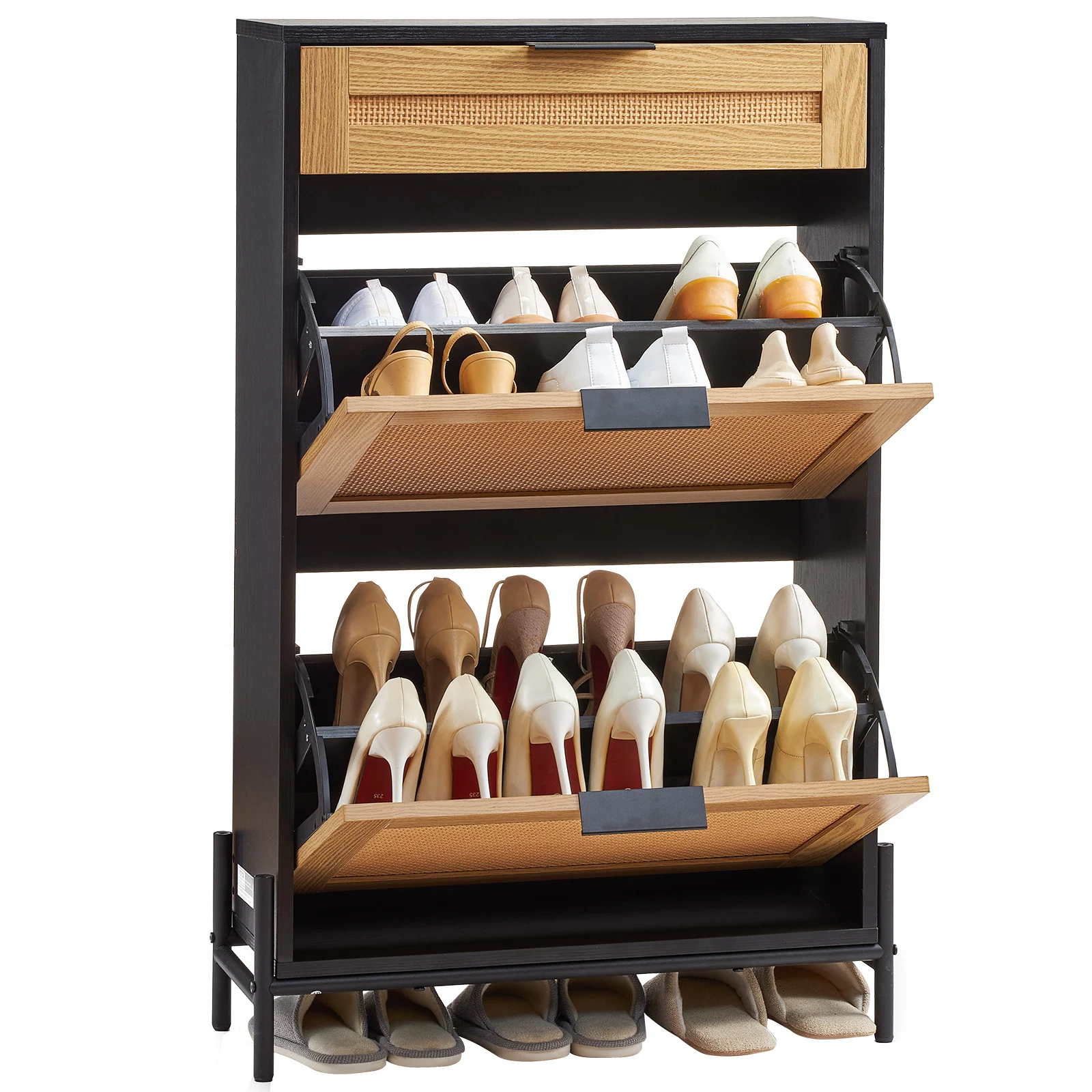 SucceBuy Shoe Storage Organizer w/ 2 Flip Rattan Drawers&1 Slide Drawer Metal Legs Slim Shoe Cabinet for Entryway Closet Hallway