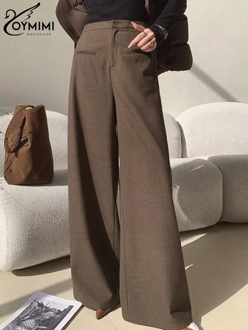 

Oymimi Elegant Brown Pockets Women's Pants Fashion High Wiast Button Trousers Office Lady Spring New Solid Straight Pants Female