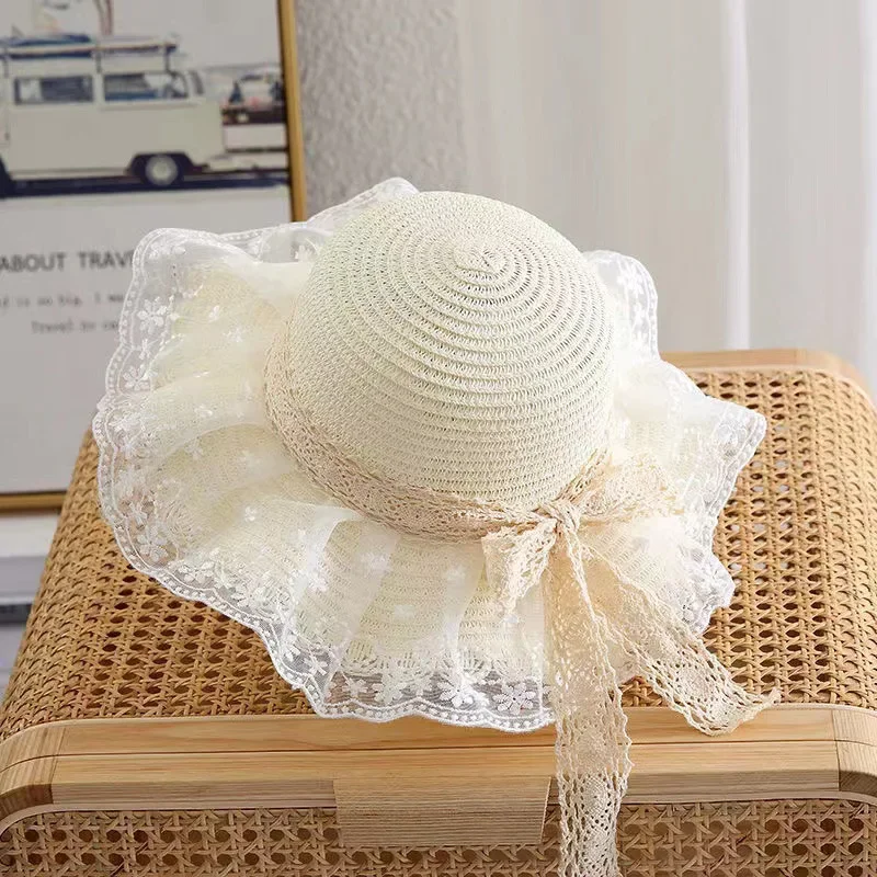 Summer Baby Girl Straw Hat Solid Color Lace Ruffle Kids Fisherman Cap Outdoor Beach Caps Sunshade Wide-brim Bucket Hats Baby & Maternity